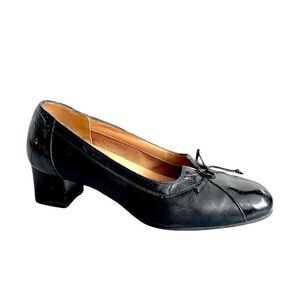 SOFFICE SOGNO Italy Black Leather Pumps Heels Bow Patent Toe Heels 37